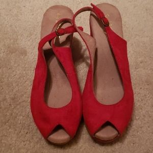 Red Suede Peeptoe Wedges